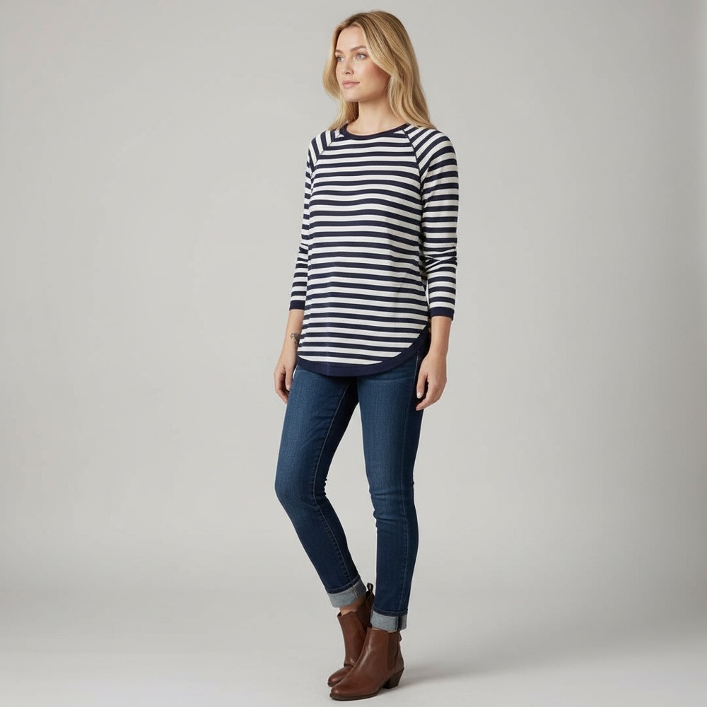 Splendid Navy Blue White Striped Long Sleeve Top High Low Hem Size M